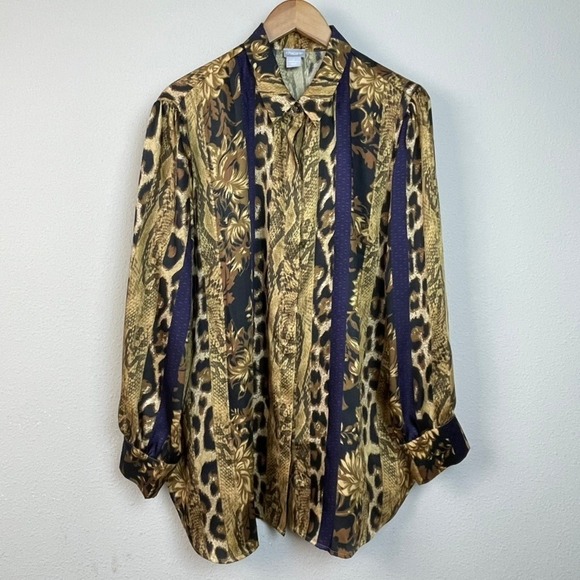 Chico's Tops - Chicos Sz 3 16/18 Long Sleeve Button Up Shirt Animal Floral Boho Gold Black Blue